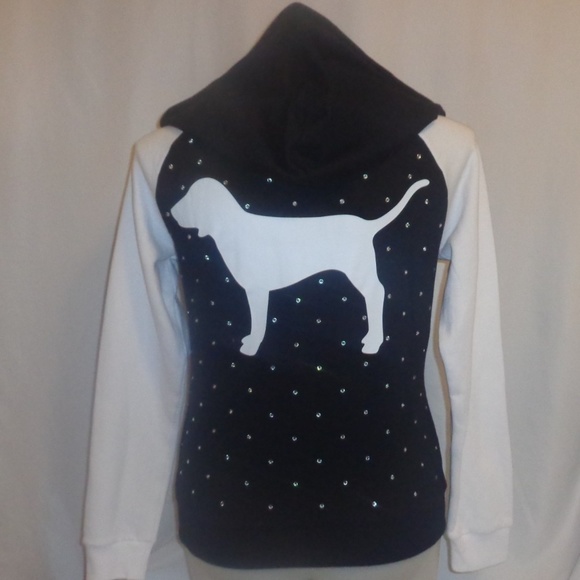 PINK Victoria's Secret Tops - VS Pink XL M Hoodie Black White Bling Sweatshirt